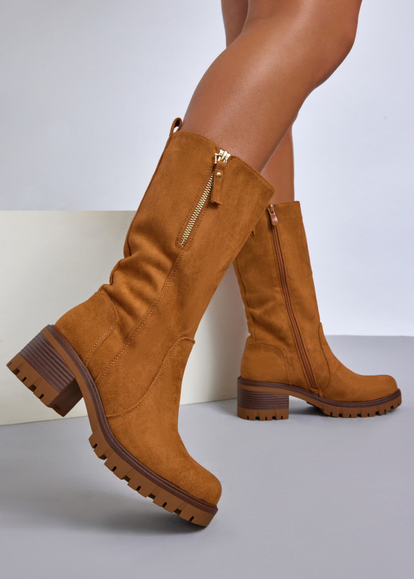 Tan chunky suede mid-calf boots 1