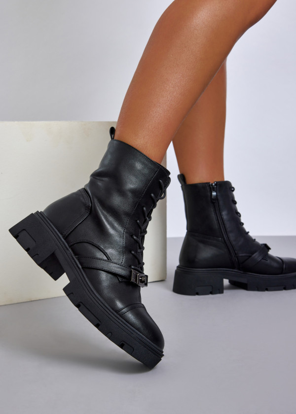 Black lace-up combat boots with front buckle detail 3