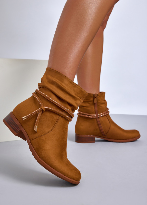 Tan slouch ankle boots with diamante laces