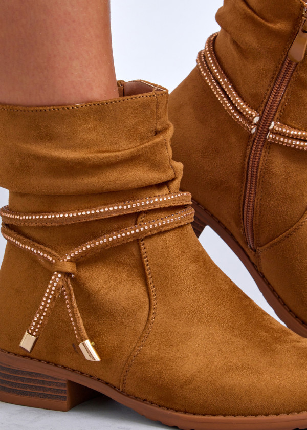 Tan slouch ankle boots with diamante laces 1