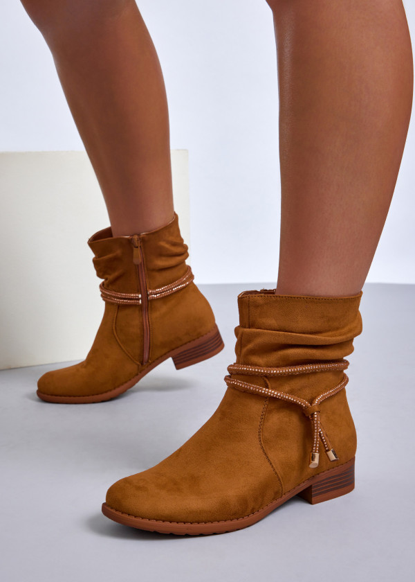 Tan slouch ankle boots with diamante laces 2