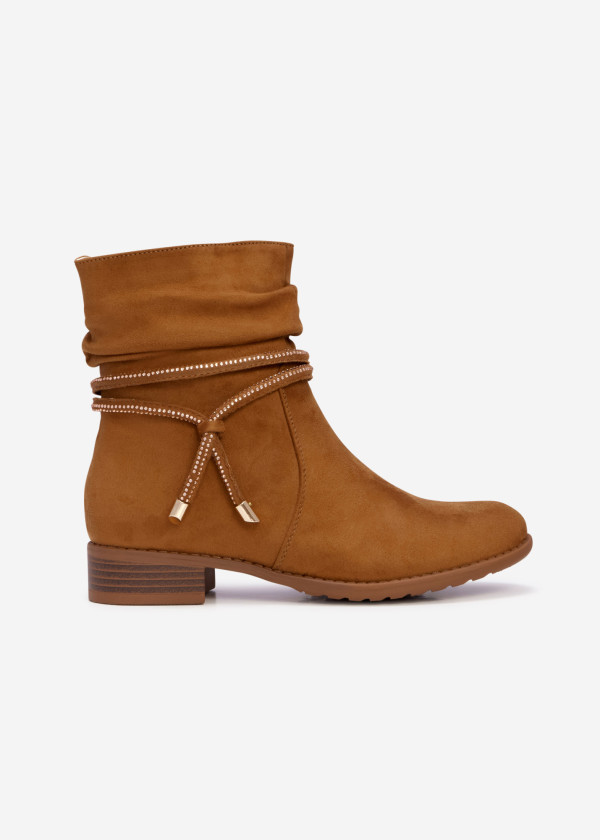 Tan slouch ankle boots with diamante laces 3