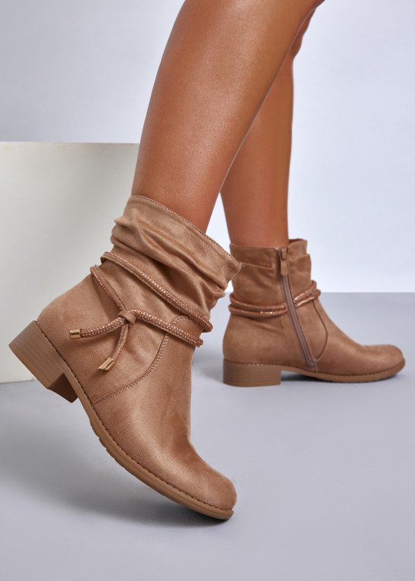 Khaki slouch ankle boots with diamante laces