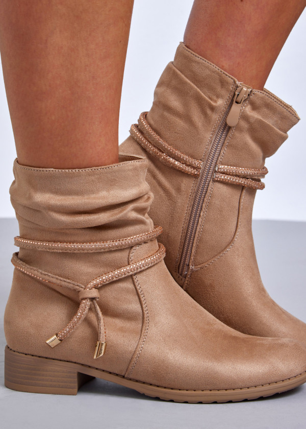 Khaki slouch ankle boots with diamante laces 1