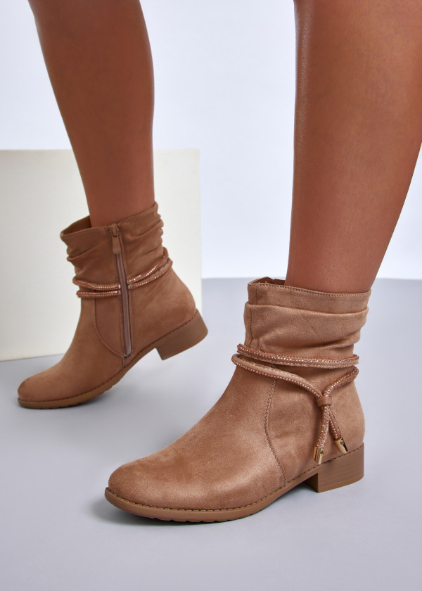 Khaki slouch ankle boots with diamante laces 2