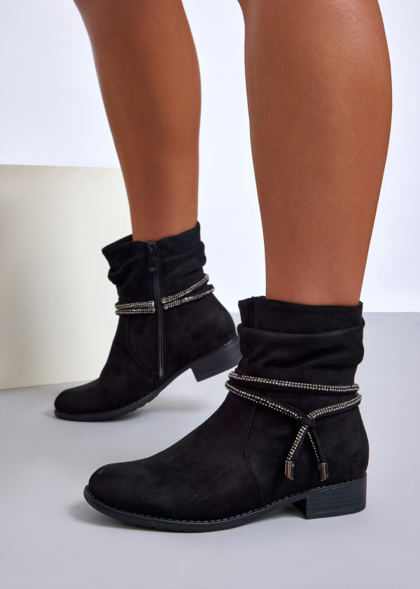 Black slouch ankle boots with diamante laces 4