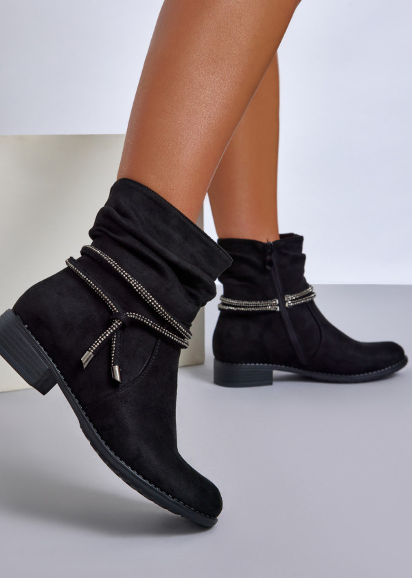 Black slouch ankle boots with diamante laces 1