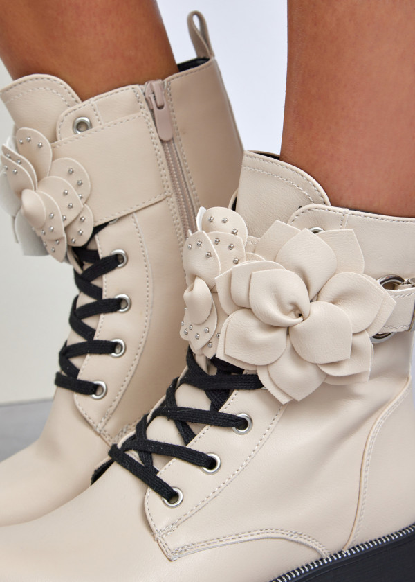 Beige combat boots with floral feature 1