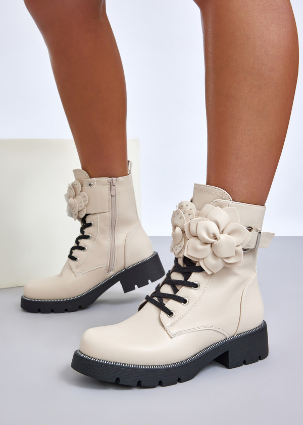 Beige combat boots with floral feature 2