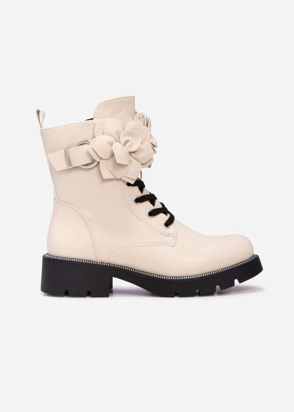 Beige combat boots with floral feature 3