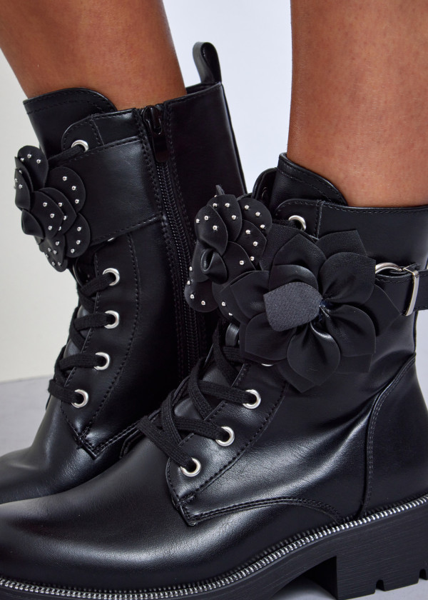 Black combat boots with floral feature 2