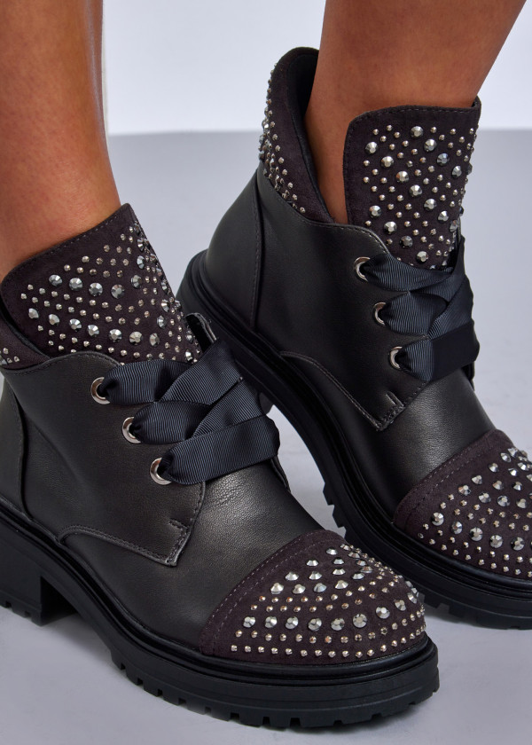 Grey studded combat boots with satin ribbon laces 2