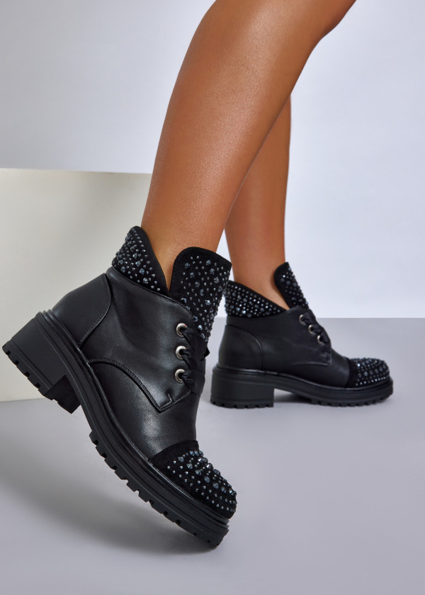 Black studded combat boots with satin ribbon laces 1