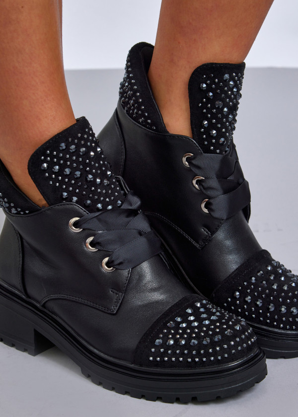 Black studded combat boots with satin ribbon laces 2