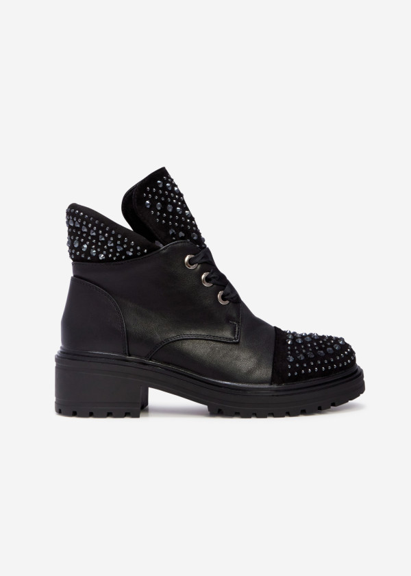 Black studded combat boots with satin ribbon laces 3