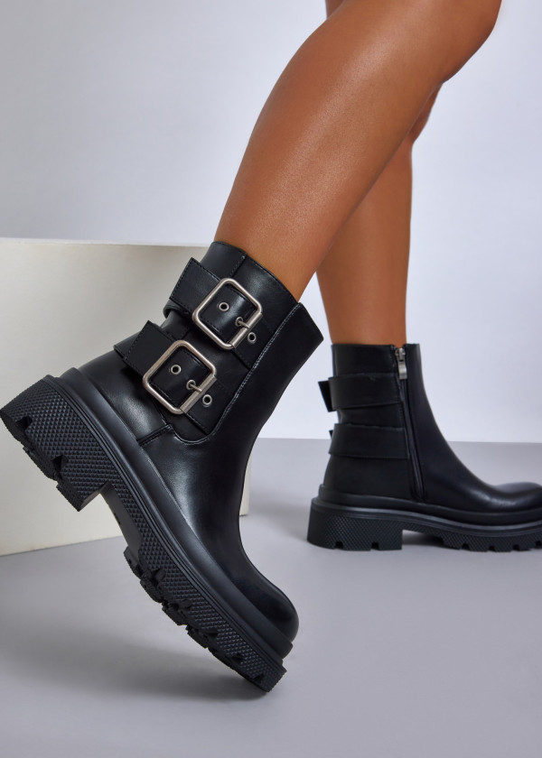 Black chunky boots with double buckle detail 1