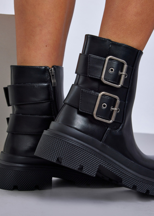 Black chunky boots with double buckle detail 2