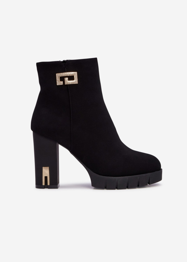 Black high heel ankle boots with gold accent 3