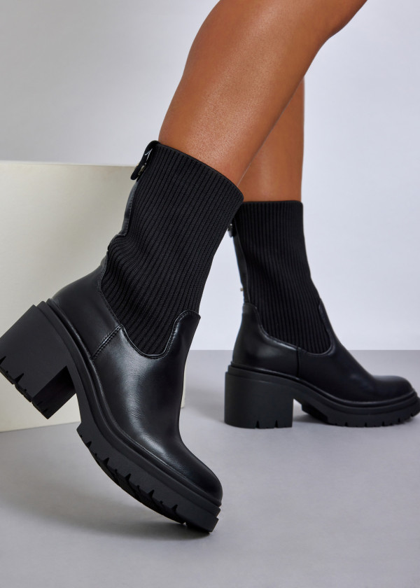 Black low heel knitted sock boot 1