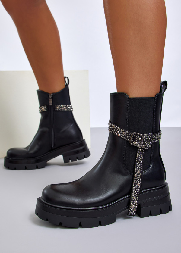 Black chelsea boot with rhinestone studded buckle strap 4