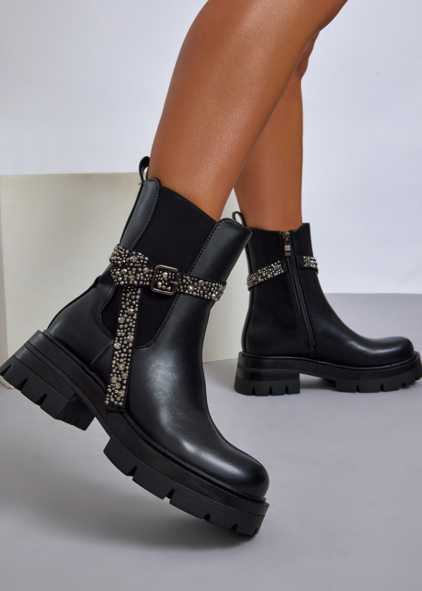 Black chelsea boot with rhinestone studded buckle strap 1