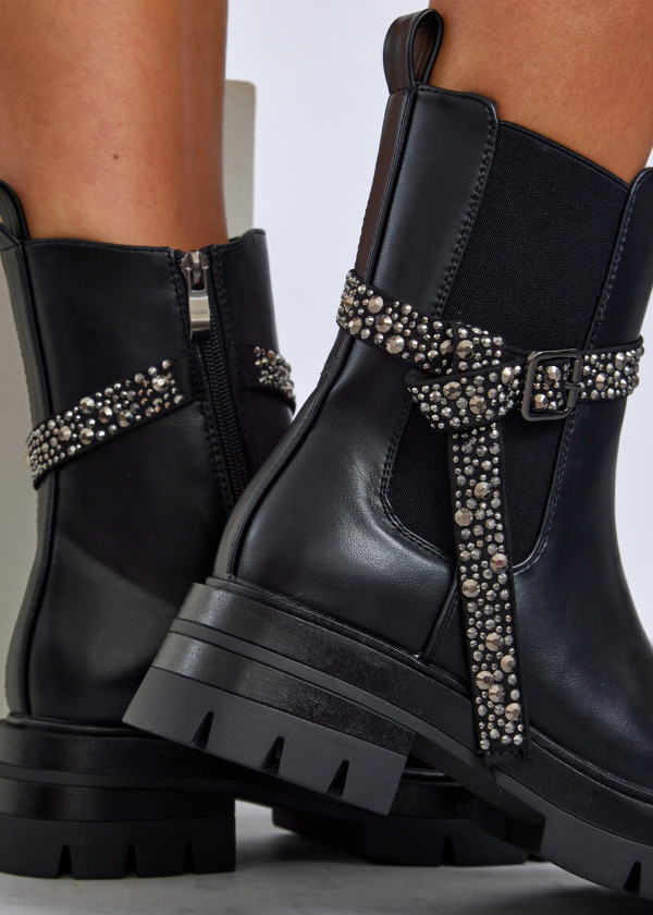 Black chelsea boot with rhinestone studded buckle strap 2