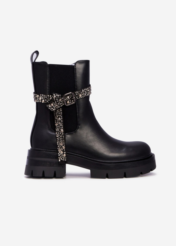 Black chelsea boot with rhinestone studded buckle strap 3