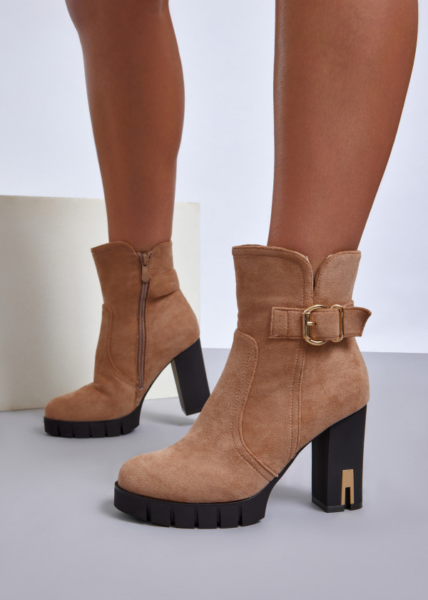 Khaki ankle boots with gold buckle detail 4