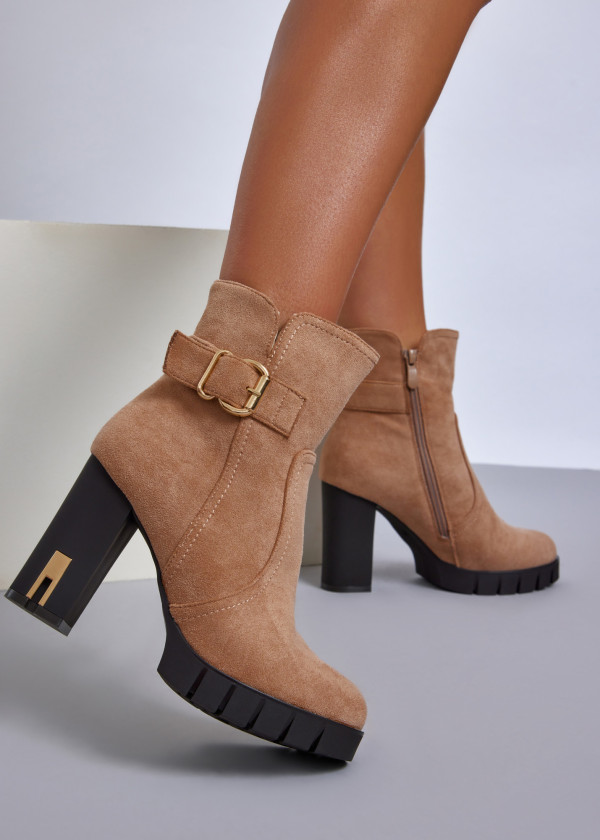 Khaki ankle boots with gold buckle detail 1