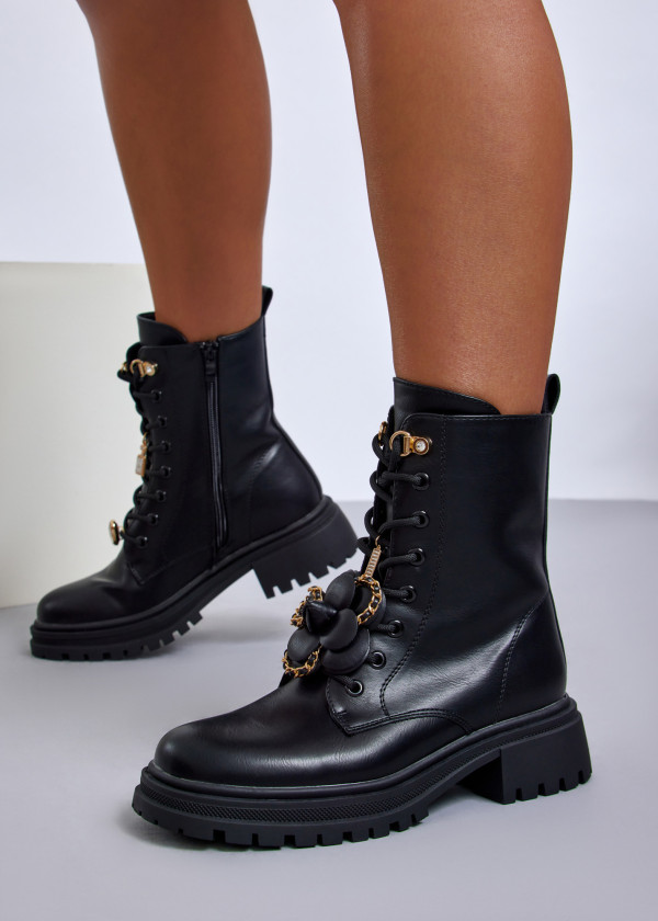 Black charm detailed lace up army boot 4