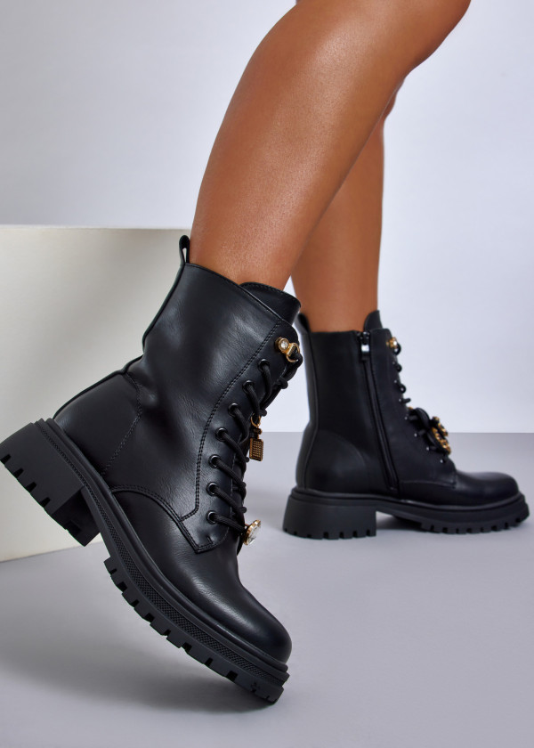 Black charm detailed lace up army boot 1