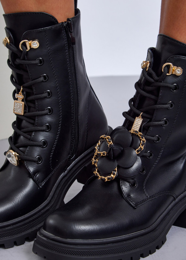 Black charm detailed lace up army boot 2