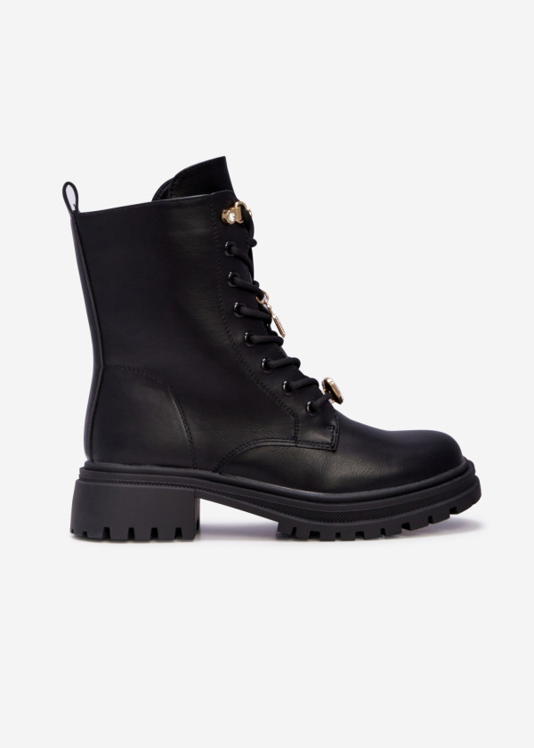 Black charm detailed lace up army boot 3