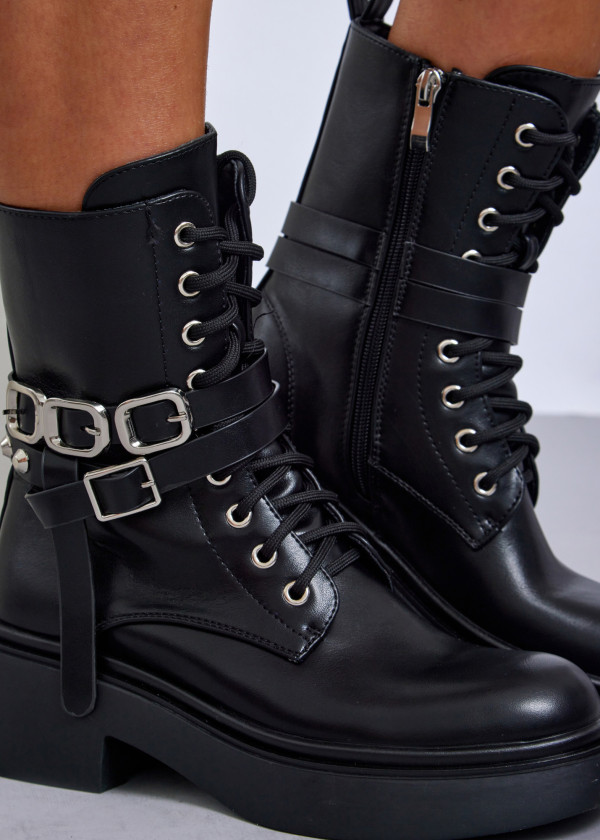 Black combat boots with double buckle detail 1