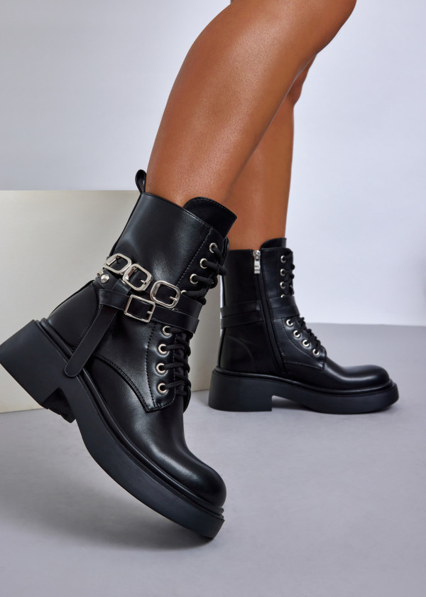 Black combat boots with double buckle detail 2