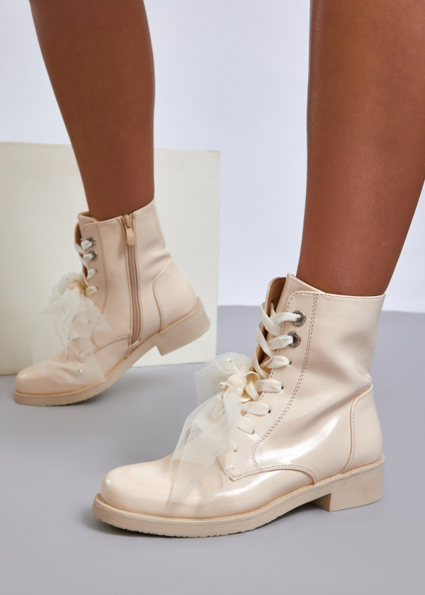 Beige lace-up ankle boots with organza detail