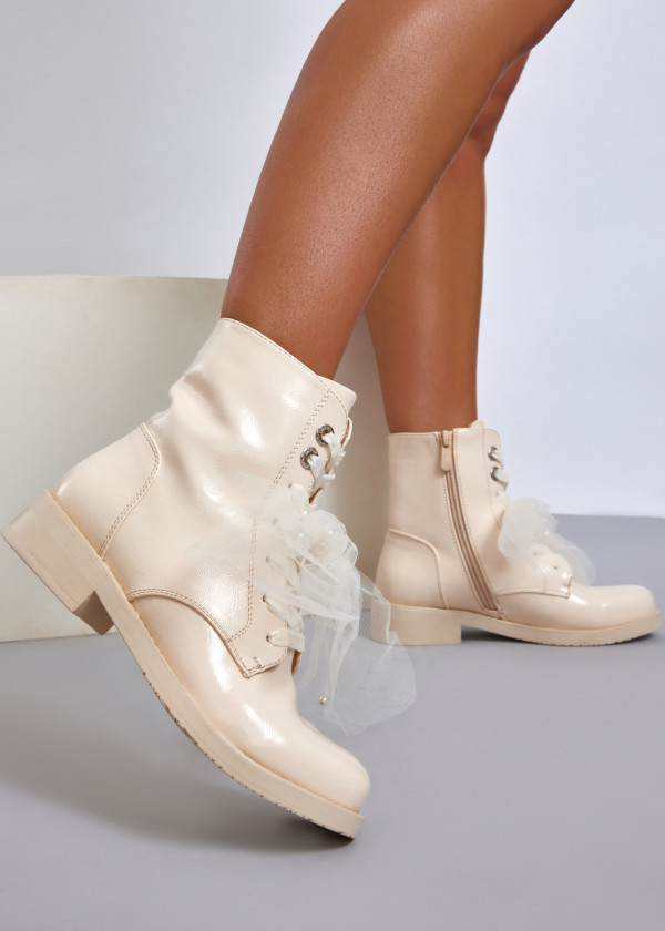 Beige lace-up ankle boots with organza detail 1