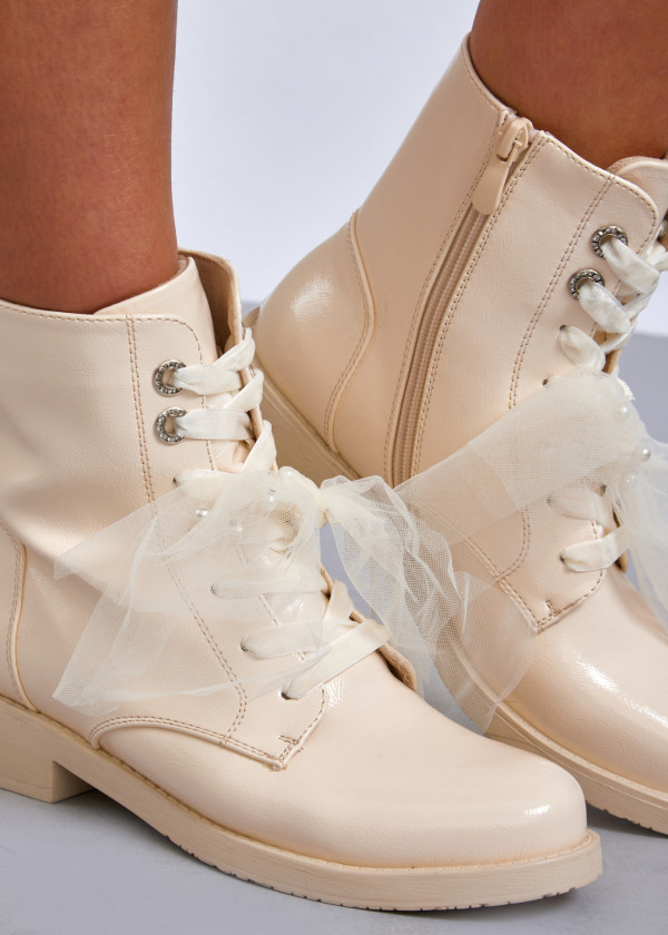 Beige lace-up ankle boots with organza detail 2