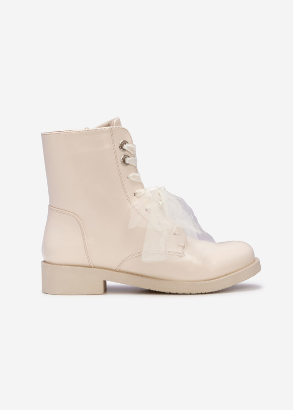 Beige lace-up ankle boots with organza detail 3