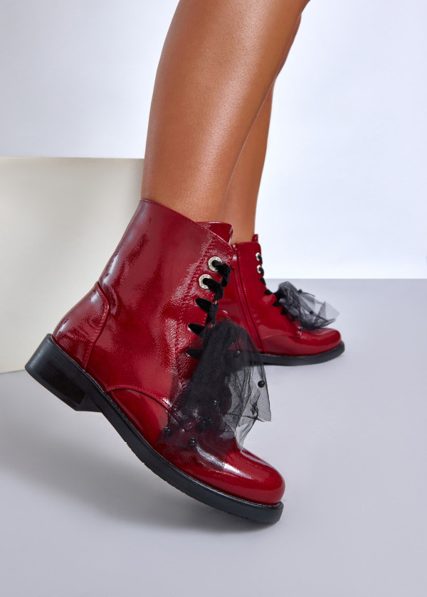 Red lace-up ankle boots with organza detail 4