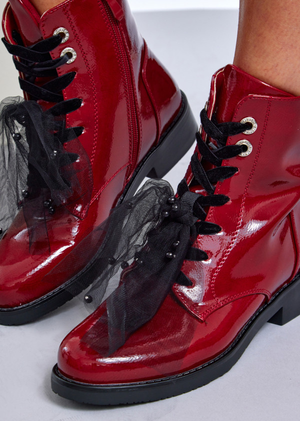 Red lace-up ankle boots with organza detail 1