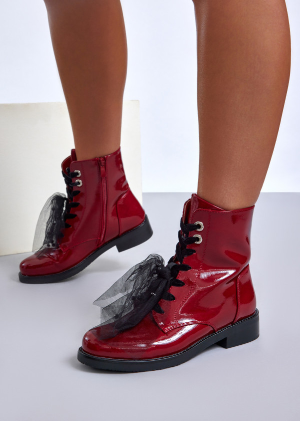 Red lace-up ankle boots with organza detail 2