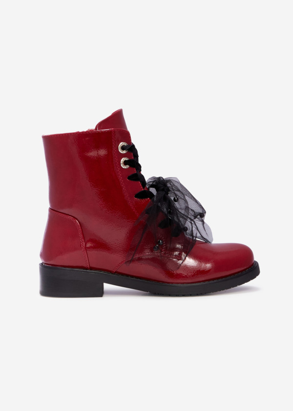 Red lace-up ankle boots with organza detail 3