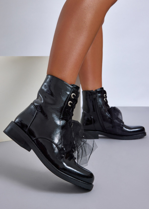 Black lace-up ankle boots with organza detail