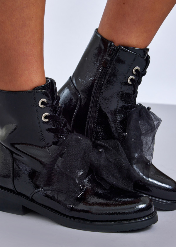 Black lace-up ankle boots with organza detail 1