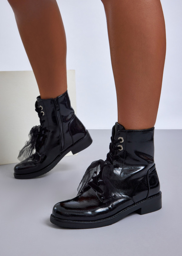 Black lace-up ankle boots with organza detail 2