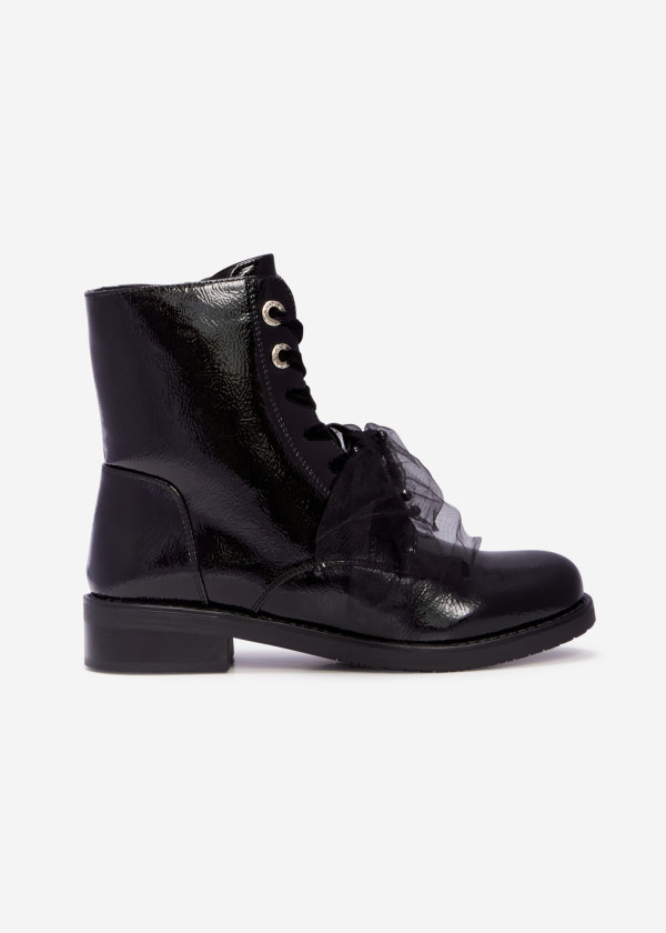 Black lace-up ankle boots with organza detail 3