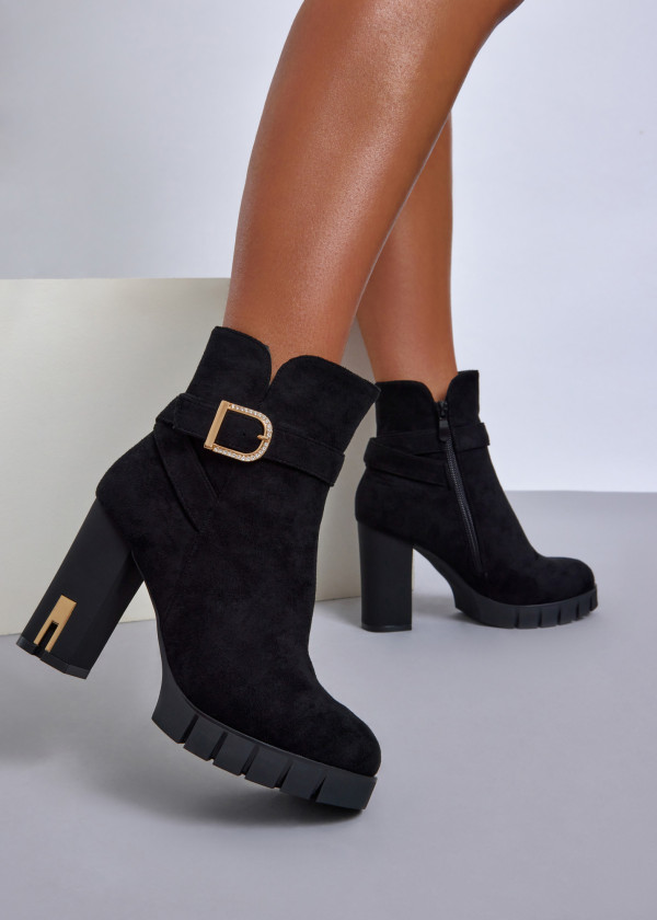 Black suede block heeled ankle boots with diamante buckle 3