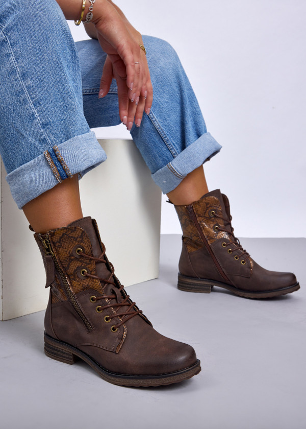 Brown rustic snakeprint lace-up ankle boot 2