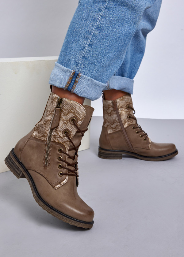 Khaki rustic snakeprint lace-up ankle boot 1